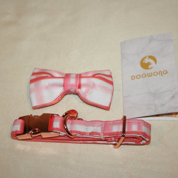 DogWong Dog Collar Pink Plaid With Bowtie XS Fits 8-12" Neck NEW 5/8" Width - Picture 6 of 7